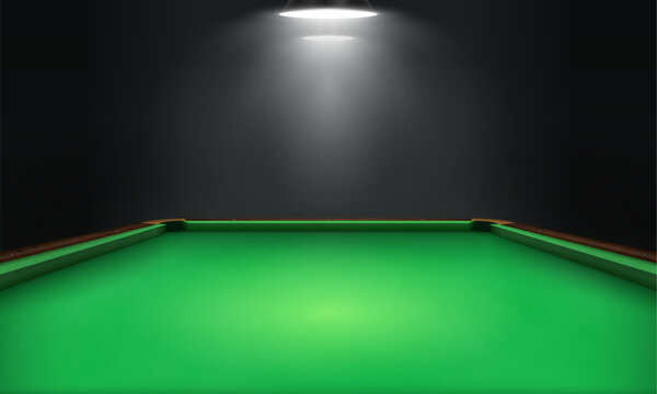 Billiard table with green cloth in dark room. Empty pool table with backlight. Vector illustration.