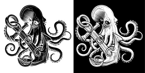 An octopus or kraken with tentacles wrapped round an anchor sailor tattoo style design illustration. © Christos Georghiou