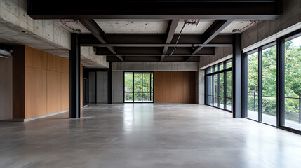 Modern empty interior with large windows