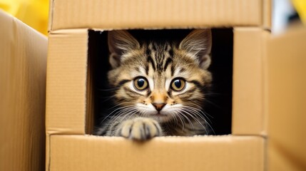 Curious Kitten in a Cardboard Box
