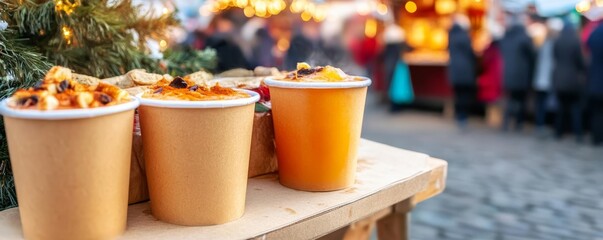 Hot cups of spiced cider at a lively fair, street food snacks, winter warmers