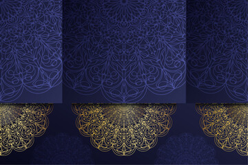 A decorative Islamic background in gold and blue, adorned with elaborate patterns that highlight traditional artistic elements