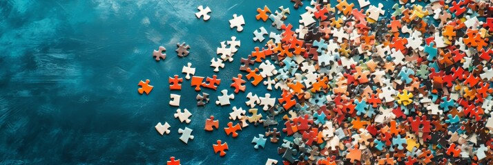 Pieces Of A Multicolored Jigsaw Puzzle Scattered On A Textured Blue Background With Copy Space