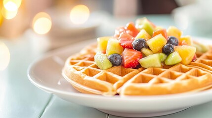 Hot waffles with fruit toppings, night festival lights, street food snacks, sweet breakfast