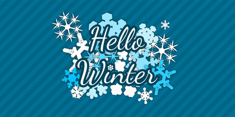 hello winter template. card with group of different snowflakes and winter typography on textured background. simple cute vector illustration en blue tones. for backdrop, greeting, invitation, poster