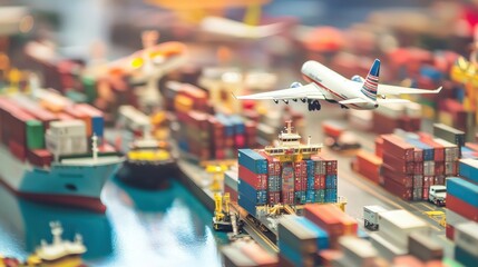 Miniature Toy Airplane Soaring Above Scaled Cargo Containers and Ships in Industrial Port