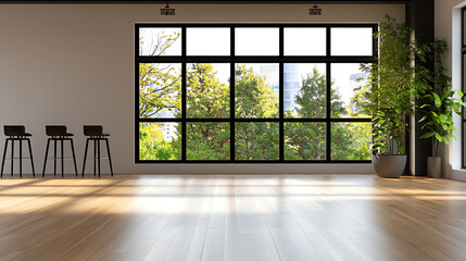 Fototapeta premium Modern interior with large windows and greenery