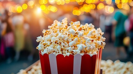 Popcorn popping in an open cart at a bustling night fair, street food snacks, night fair snack