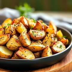 Roasted potatoes with herbs, cozy night market, street food snacks, comfort food
