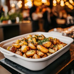 Roasted potatoes with herbs, cozy night market, street food snacks, comfort food