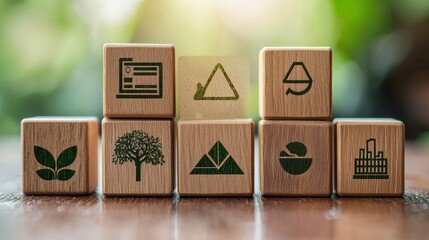 Wooden Blocks with Eco Friendly Symbols Arranged in Eco Friendly Concept