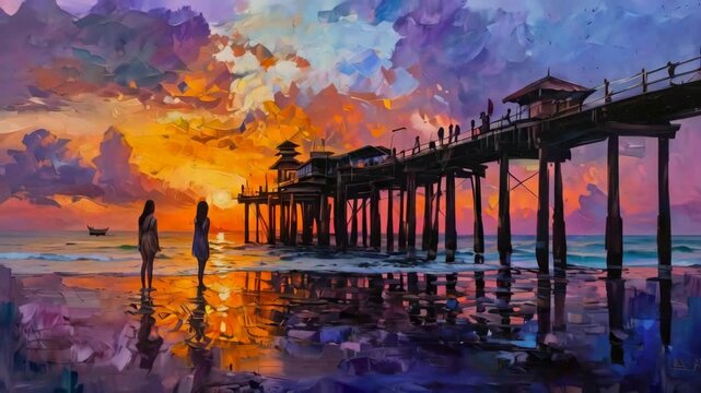 Animated oil painting, girls on a jetty, beach, sunset