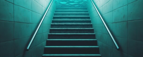 Obraz premium Flooded staircase descends into an underwater basement, revealing a submerged world of mystery and intrigue.