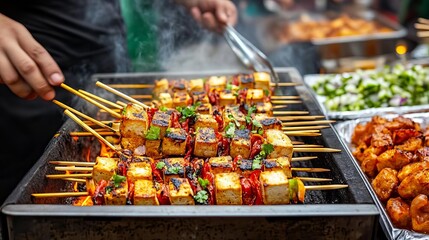 Naklejka premium Spicy grilled tofu skewers, smoky air, night market, street food snacks, vegan feast