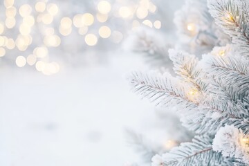White artificial pine branches with warm glowing lights on a bright white background.