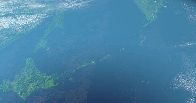 Kuril Islands or Kurile Islands from space. Aerial Satellite View