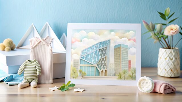 Newborn Baby Clothes Card Design Featuring Modern Architecture and Soft Colors for Unique Gift Presentation