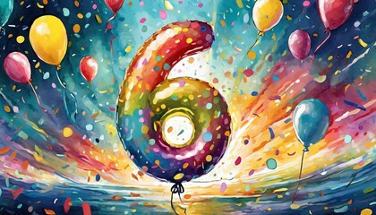 Obraz premium Balloon number 6, illustration for birthday or anniversary celebration, digital painting
