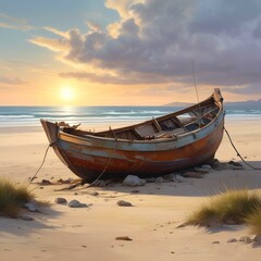 Fototapeta premium Illustration of old broken boat on sandy beach.