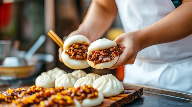 Vendor making soft baos with pork filling, street food snacks, Chinese street snack