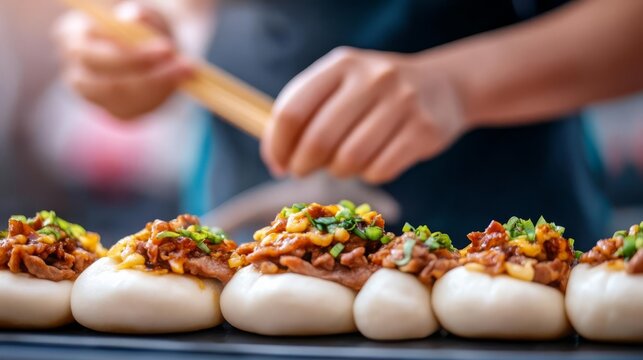 Vendor making soft baos with pork filling, street food snacks, Chinese street snack