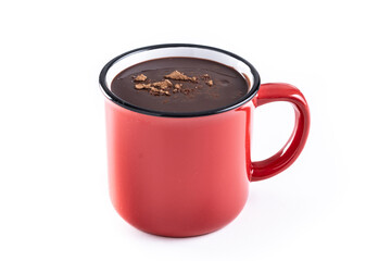 Hot chocolate drink in red mug isolated on white background