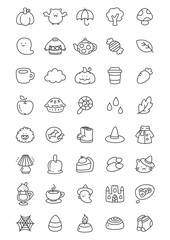 Kawaii autumn icon set. Collection of cute hand drawn monochrome illustrations of autumn clothes, falling leaves, sweets and decorations isolated on a white background. Vector 10 EPS.