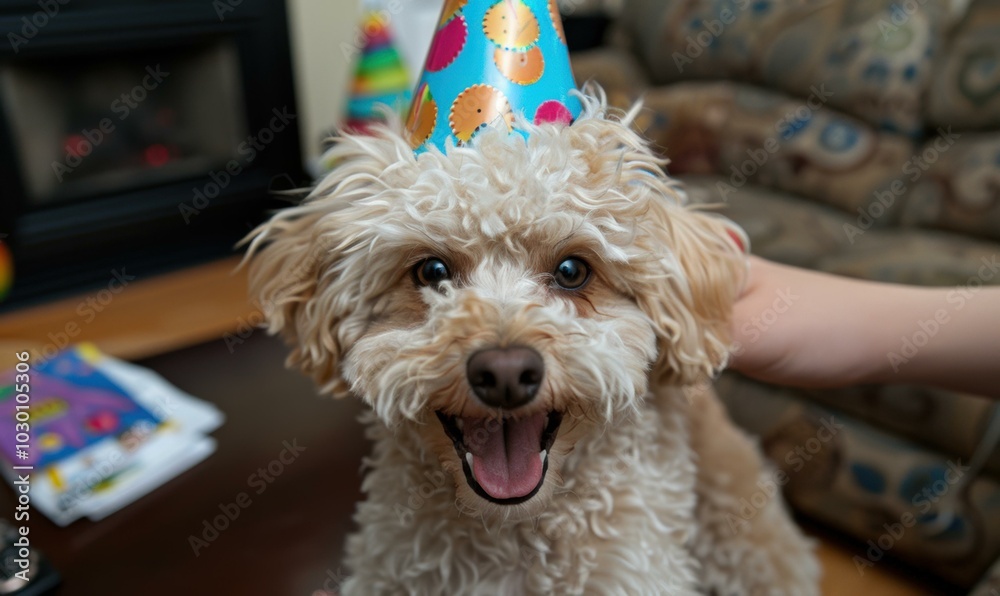 Poster A dog wearing a party hat smiles for the camera. AI.