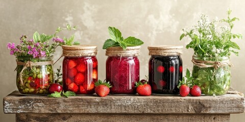 Vibrant jars of preserved fruits and herbs showcasing the beauty of home canning and natural ingredients in a rustic setting