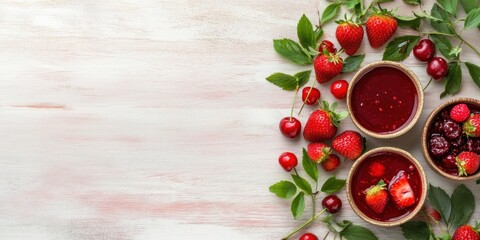 Delicious homemade strawberry jam and cherry preserves on rustic wooden table with fresh fruits decoration