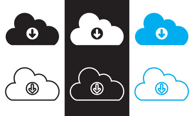 Cloud download icon with arrow down symbol, save import icon, data storage database icons button.  Vector illustration isolated on white and black background. EPS 10