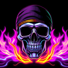 Fototapeta premium Flaming Skull with Bandana in Neon Colors