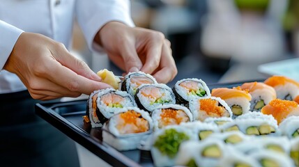 Close-up of street vendor s hands preparing sushi, urban background