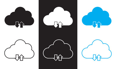 Cloud download icon with arrow down symbol, save import icon, data storage database icons button.  Vector illustration isolated on white and black background. EPS 10