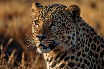 Fototapeta premium Stunning close-up of a leopard with piercing eyes and beautiful spotted fur in natural habitat
