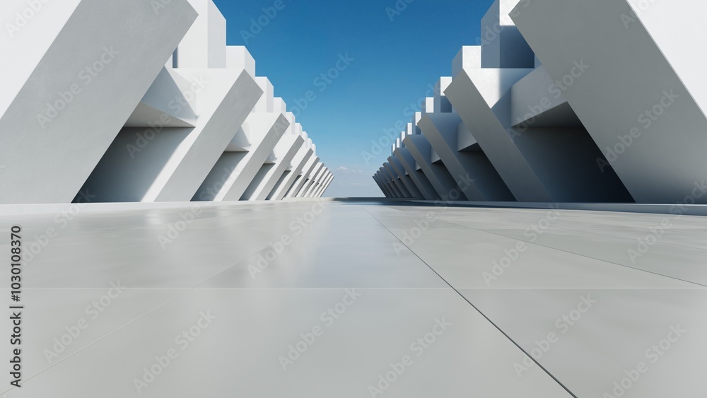 Poster 3d render of abstract white concrete modern architecture with empty cement floor, minimal exterior, 