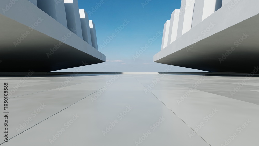 Aufkleber 3d render of abstract white concrete modern architecture with empty cement floor, minimal exterior, 