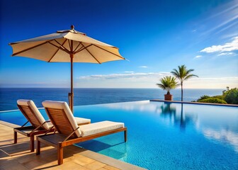 Fototapeta premium Serene Outdoor Poolside Retreat with Umbrella and Chair Overlooking the Sea for a Perfect Vacation Getaway