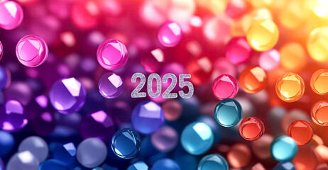 Colorful gemstone background with sparkling 2025 centerpiece