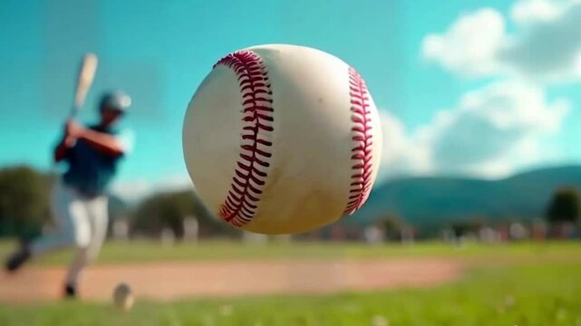 baseball resting on a wet, gritty field under bright stadium lights. symbolizing speed and power, set against a blurred stadium background.Concept of sport, show, competition.