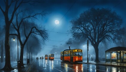 Obraz premium Misty night scene with trams and moonlight illuminating a quiet street