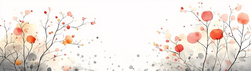 Watercolor Painting of Branches with Orange and Pink Flowers on a White Background