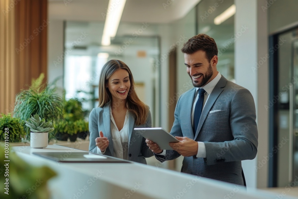 Wall mural Business man and woman in suits smiling while using a tablet office modern plants.