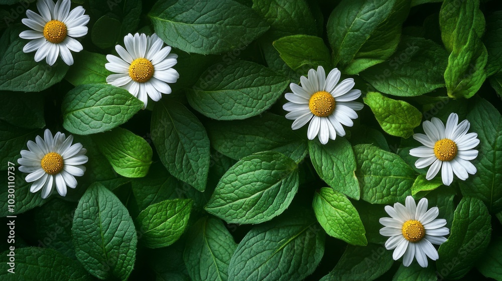 Sticker Daisies on Lush Green Leaves