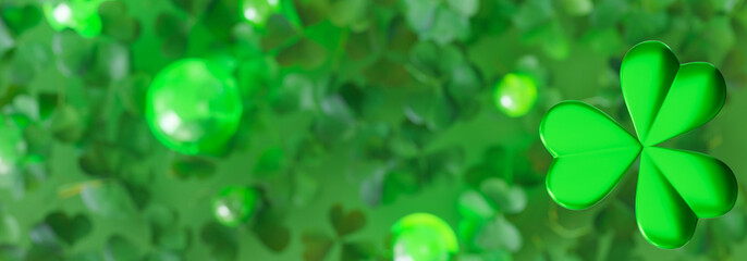 Vibrant St. Patrick's Day themed banner featuring large, green three-leaf clover in the foreground with smaller, slightly blurred clovers in the background. Luck and Irish heritage. Copy space. 3D.
