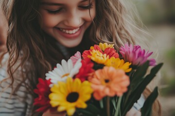 Naklejka premium A young woman hands a colorful bouquet of flowers in a sunny outdoor setting