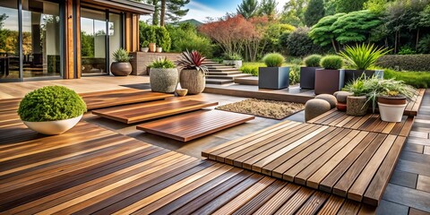 Fototapeta premium Stunning Architectural Photography of Wooden Decking Samples Showcasing Modern Design and Natural Aesthetics for Outdoor Spaces, Perfect for Home Improvement and Landscaping Projects