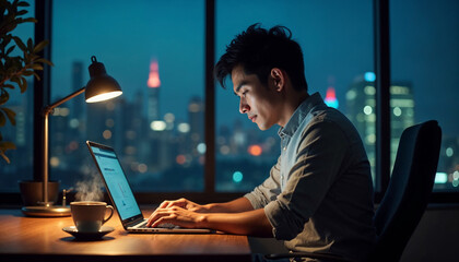 Side view man overworking at office in the night