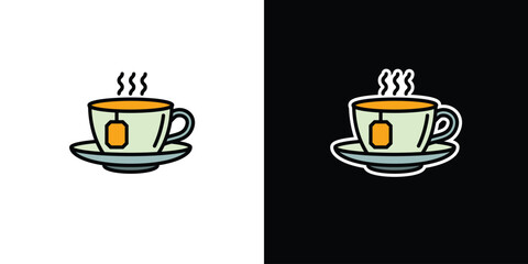 Cup of hot tea on white and black background. Original vector illustration in vintage style.