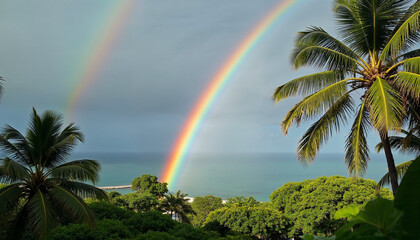 Tropical paradise hawaii with rainbow and ocean view